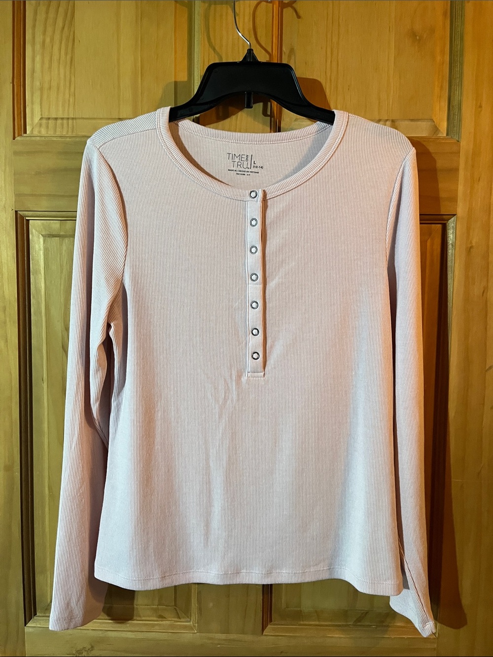 Time and Tru Long-Sleeve Henley Top - Pale Pink